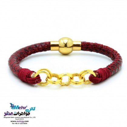دستبند طلا و چرم - طرح حلقه‌های تودرتو-SB0647